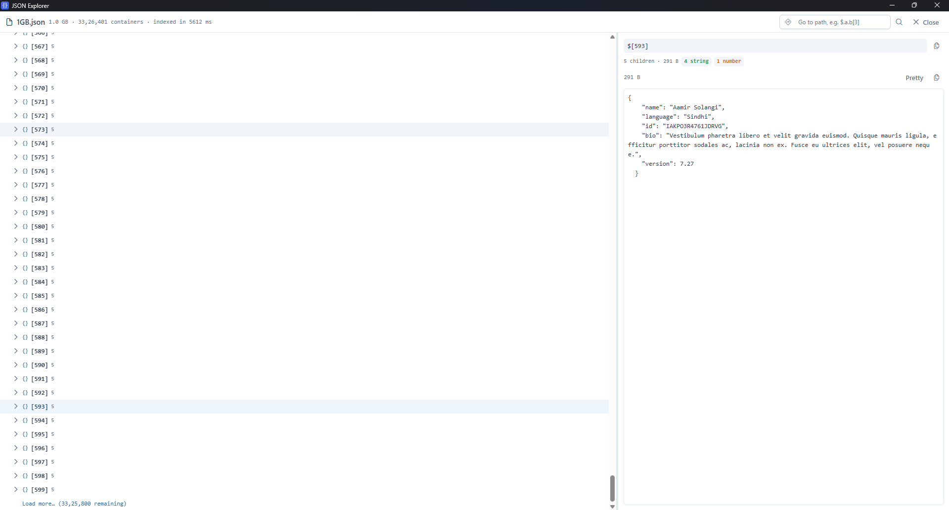 Virtualized tree view beside the inspector pane