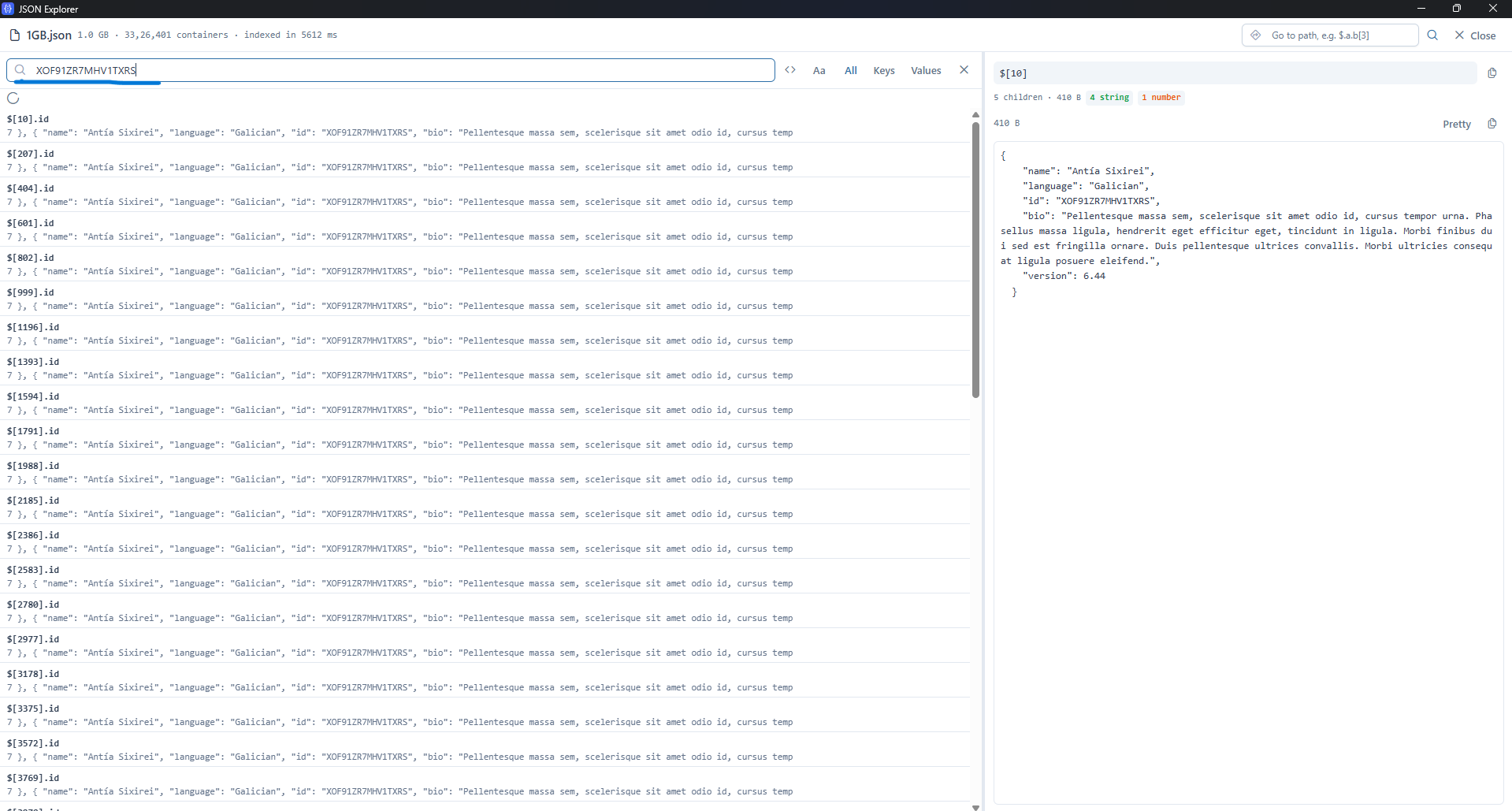Value search with matching paths and previews