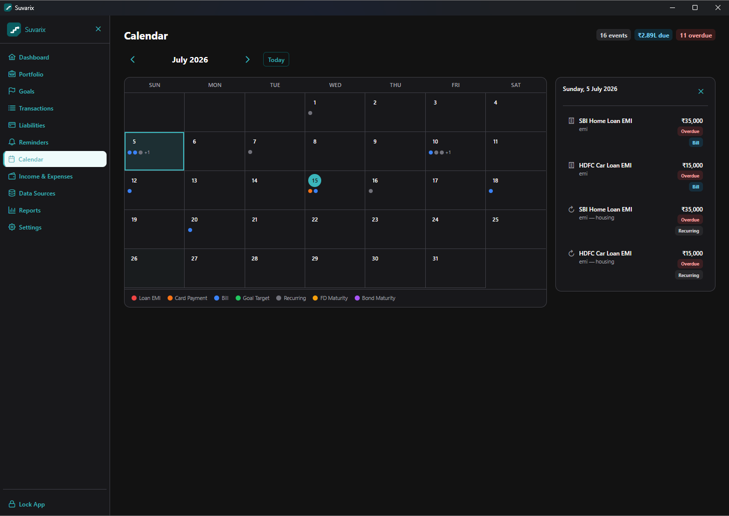 Calendar view of bills, EMIs and maturities