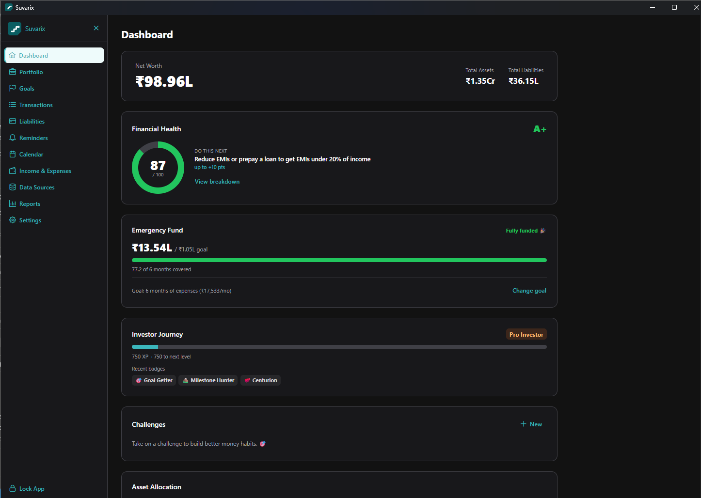Dashboard — net worth, financial health score and emergency fund