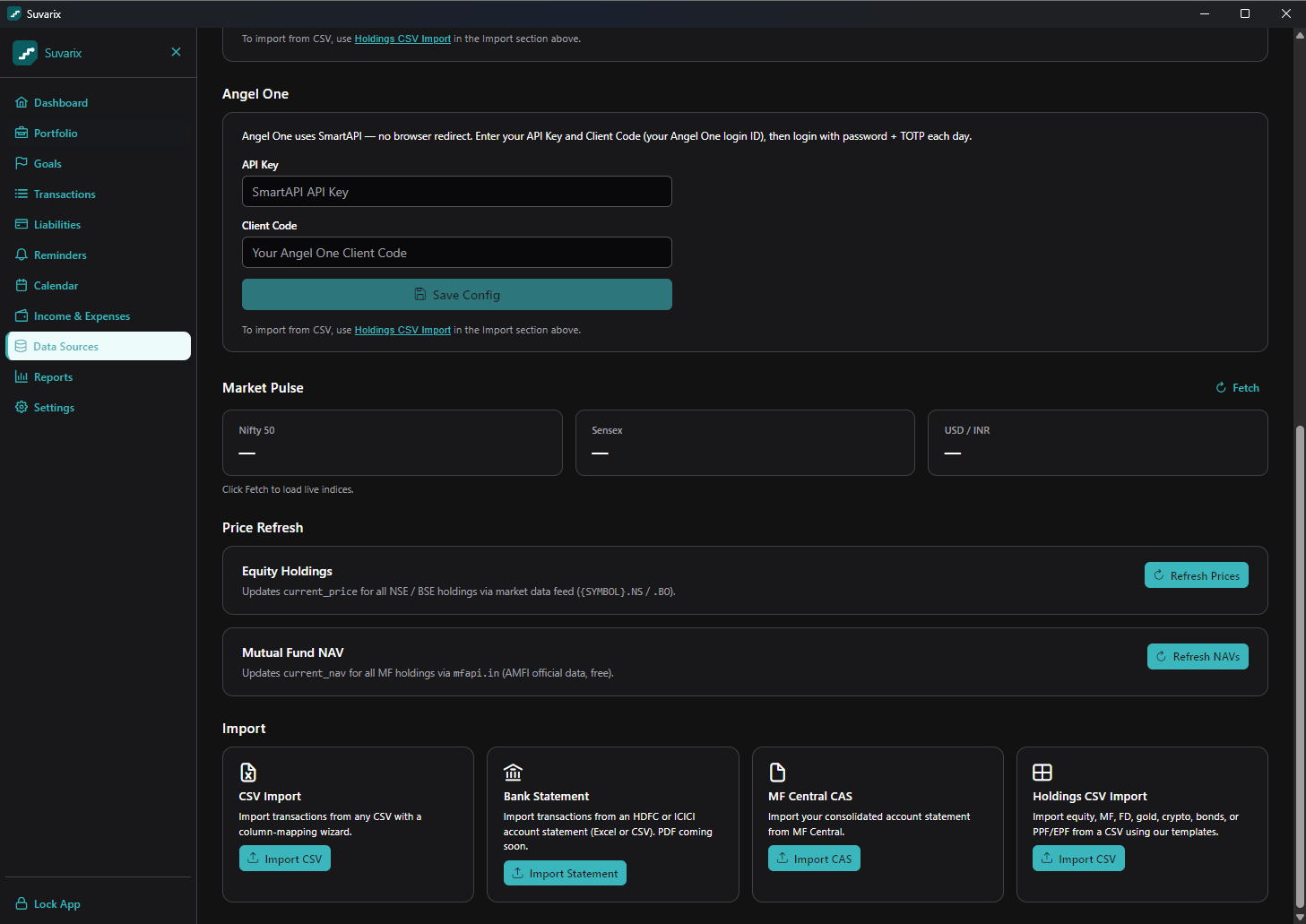 Data Sources — Angel One and CSV import