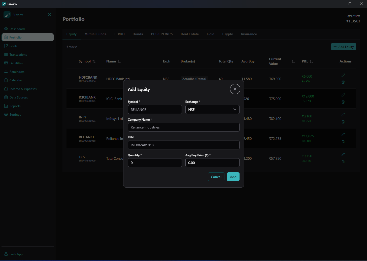 Add equity dialog with ISIN lookup