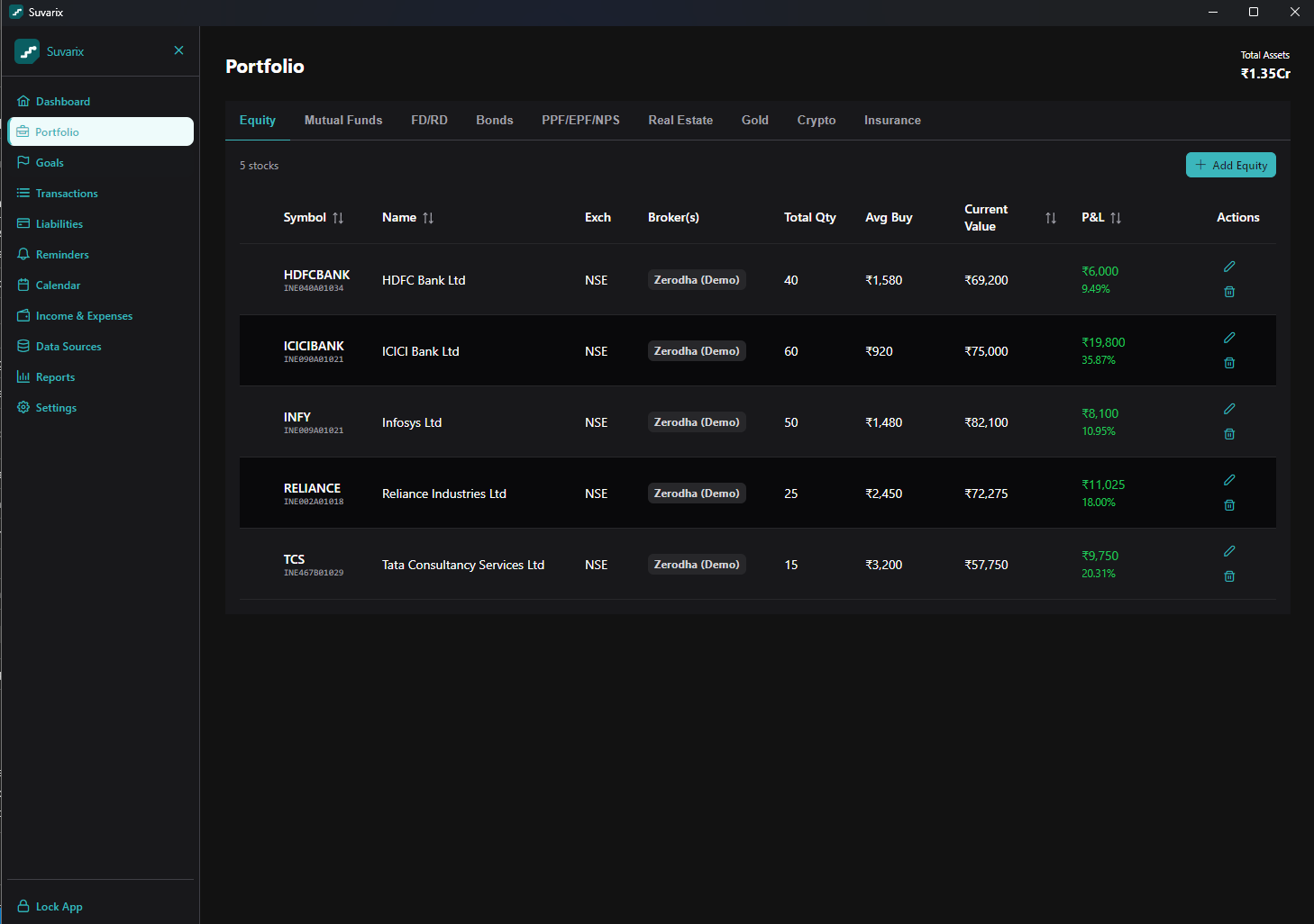 Portfolio — equity holdings with live P&L