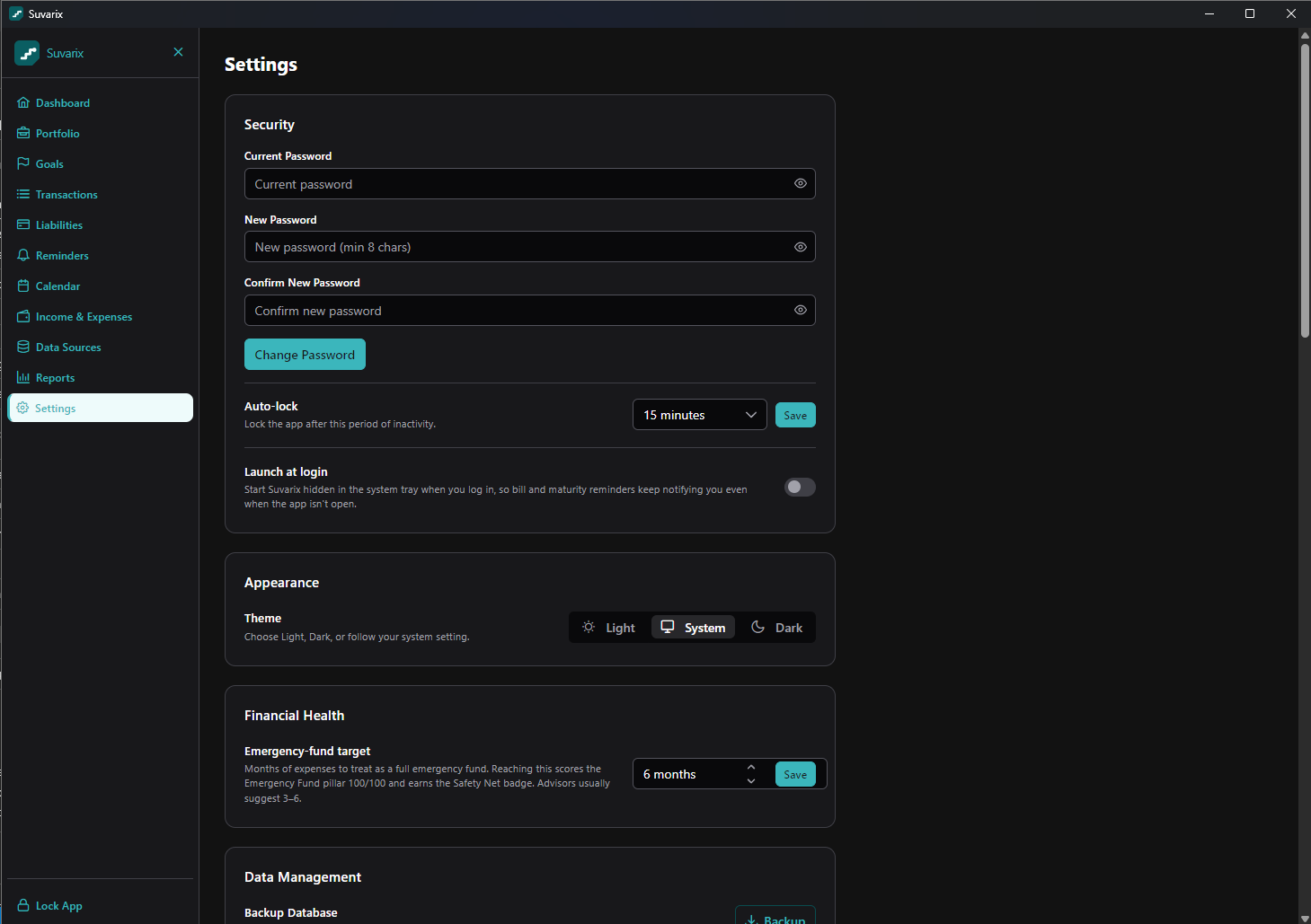 Settings — security, auto-lock and appearance