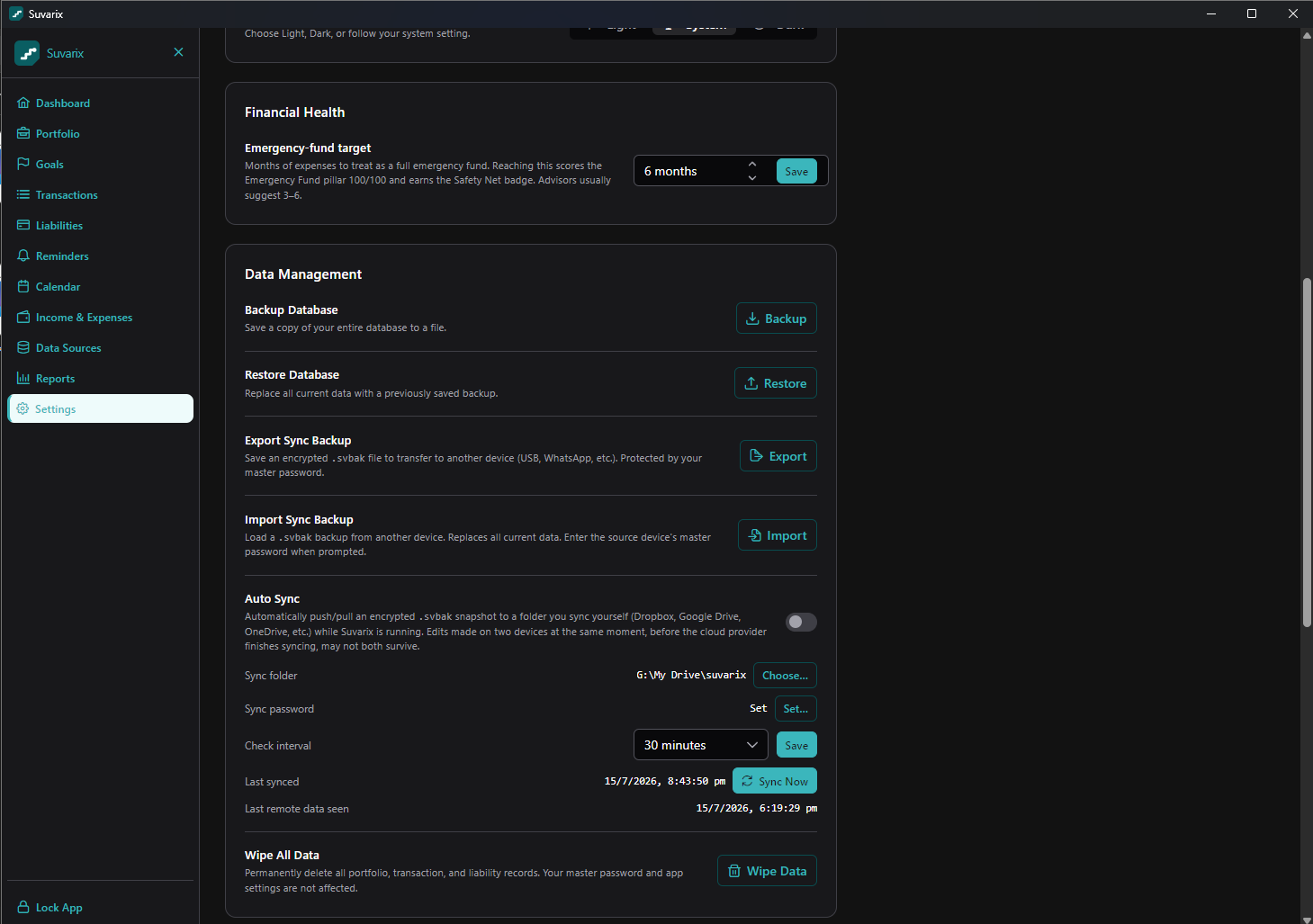 Settings — backup, restore and encrypted sync